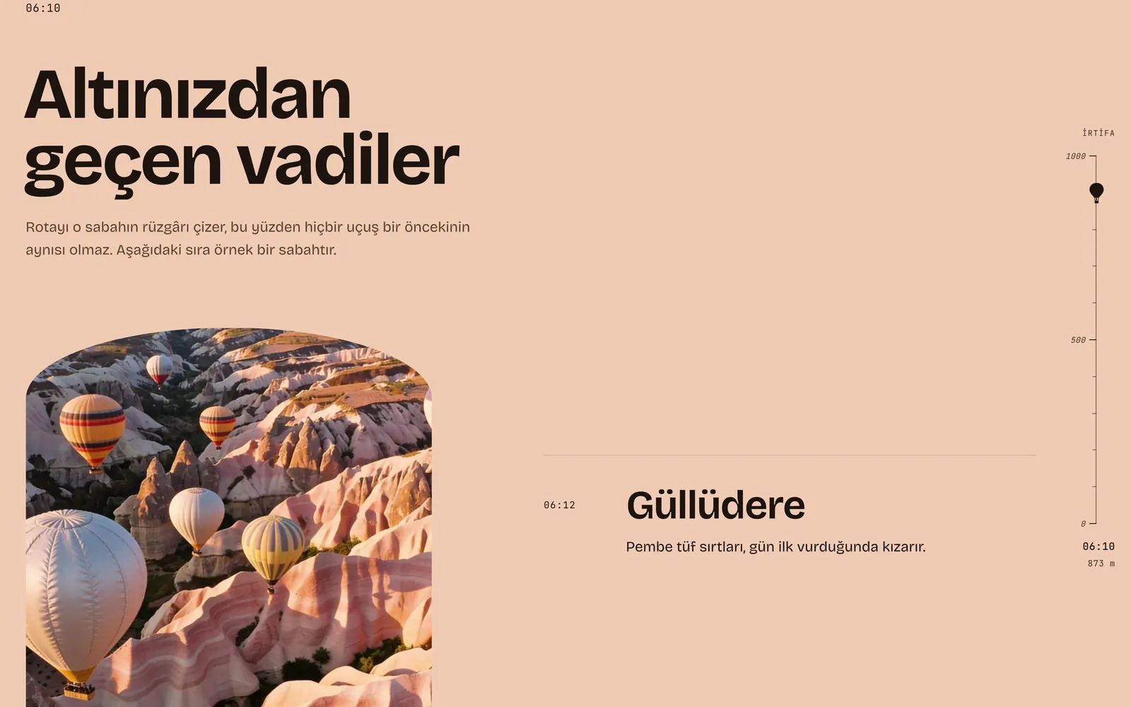 Peri Balon web sitesinde sabah bölümü: açık şeftali zemin, Altınızdan geçen vadiler başlığı ve Güllüdere durağı.