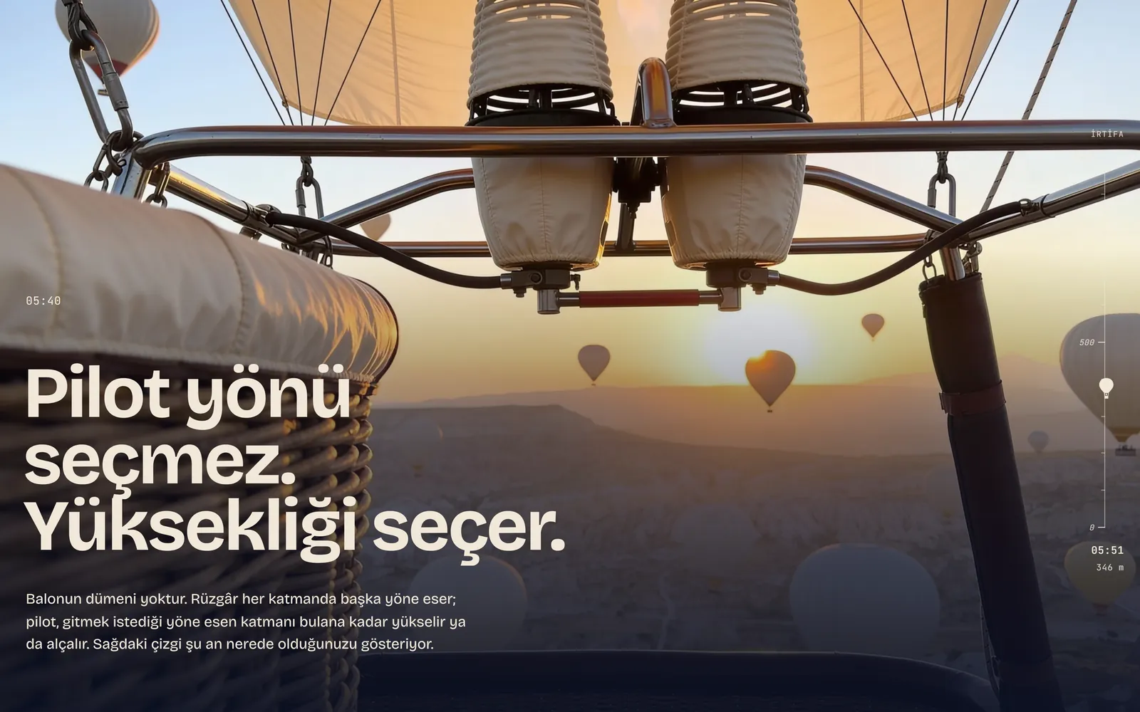 Peri Balon web sitesinde şafak bölümü: sepetin içinden brülörler ve ufukta balonlar, başlıkta Pilot yönü seçmez. Yüksekliği seçer.
