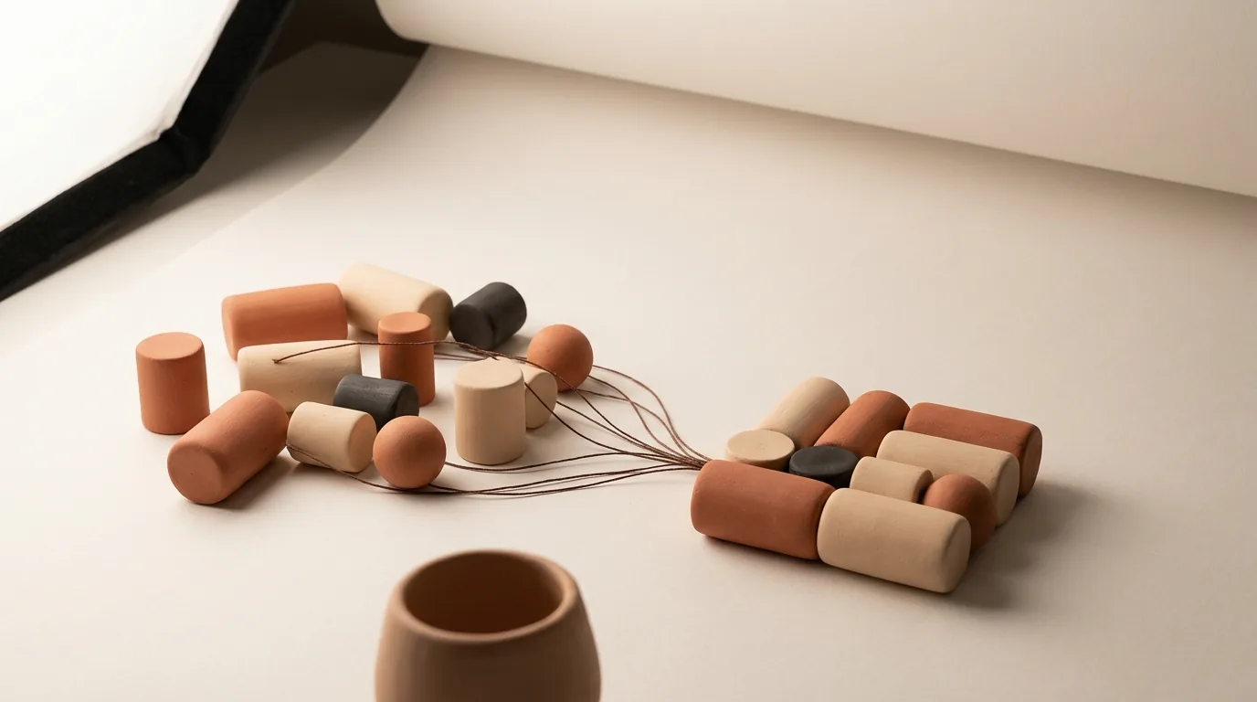 Krem stüdyo zemininde küçük terracotta ve krem renkli kil modüller; solda dağınık duran tekrar eden parçalar ince tellerle toplanıp sağda tek düzenli, kompakt bir birime bağlanıyor — KOBİ'lerde tekrar eden işlerin yapay zeka otomasyonuyla tek bir sisteme kavuşması.
