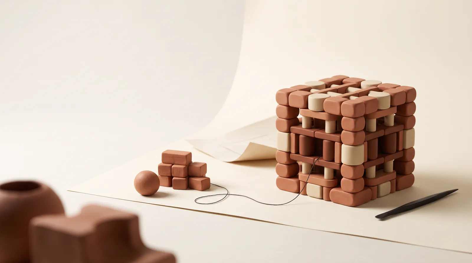 Ham clay modüller ve katlı bir plan, ince bir bağlantı ipliğiyle hassas, bitmiş bir modüler sisteme örülüyor — markanın ham iş süreçlerini teşhis edip tasarlayıp kurup teslim ettiği DFY yapay zeka otomasyon yöntemi.